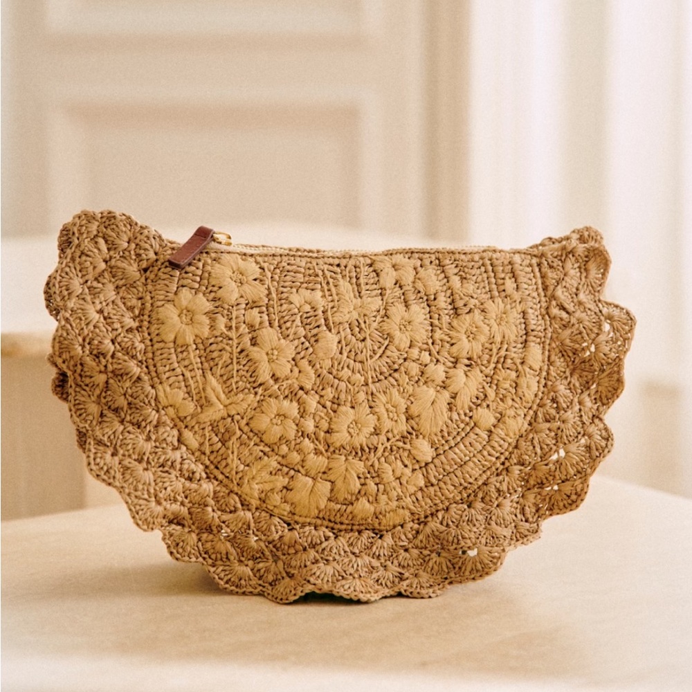 Sezane Hand-Crocheted Half-Moon Clutch in Tan